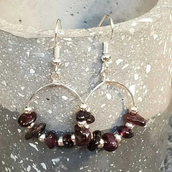 Artisan Gemstone Baroque Garnet Sterling Silver Plated Beads Earrings - Picture 2 of 8